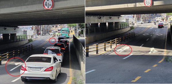 [사진] (좌) 교통운영체계 개선 전 교통 정체 발생 구간 (우) 교통운영체계 개선 후 해당 구간의 교통 정체가 해소됨