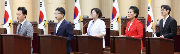 [사진] 왼쪽부터 차례대로 이날 5분 자유발언을 실시한 윤오일 의원과 행정사무감사 계획 보고에 나선 이재복 의회운영위원장, 박은정 기획행정위원장, 이진분 문화복지위원장, 선현우 도시환경위원장의 모습