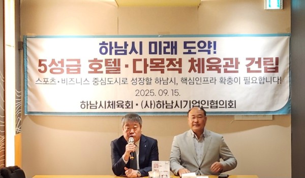 지난 9월 15일 열린 기자회견에서 김승현 하남시 기업인협의회장(오른쪽)과 최진용 하남시체육회장(왼쪽)이 ‘5성급 호텔‧다목적 체육관 건립’에 대해 설명하고 있다.