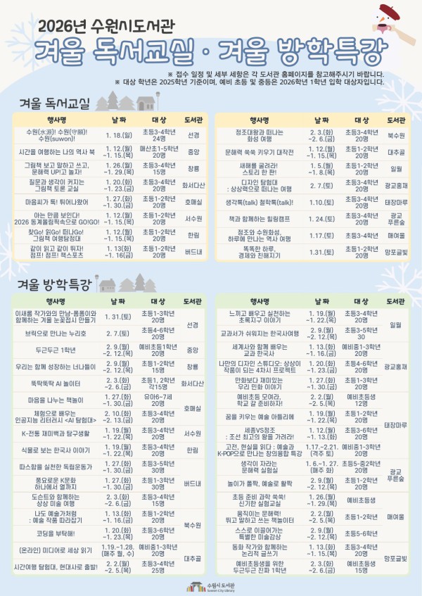 수원시도서관 2026년 겨울방학 독서문화프로그램 홍보물