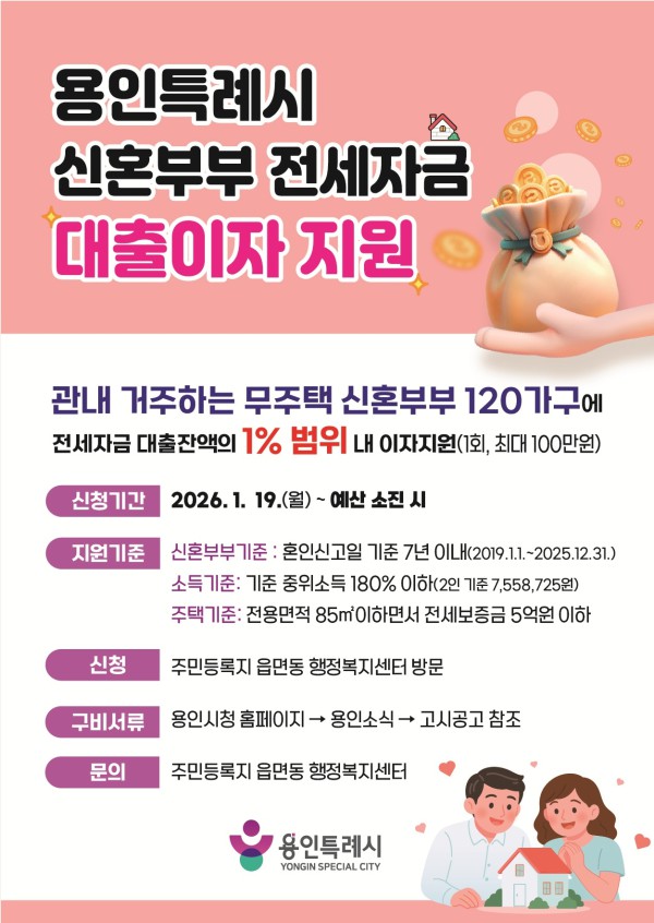 용인특례시가 2026년 신혼부부 전세자금 대출이자를 지원한다.